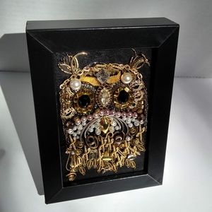 Gold jewelry hand crafted owl upcycled mixed media